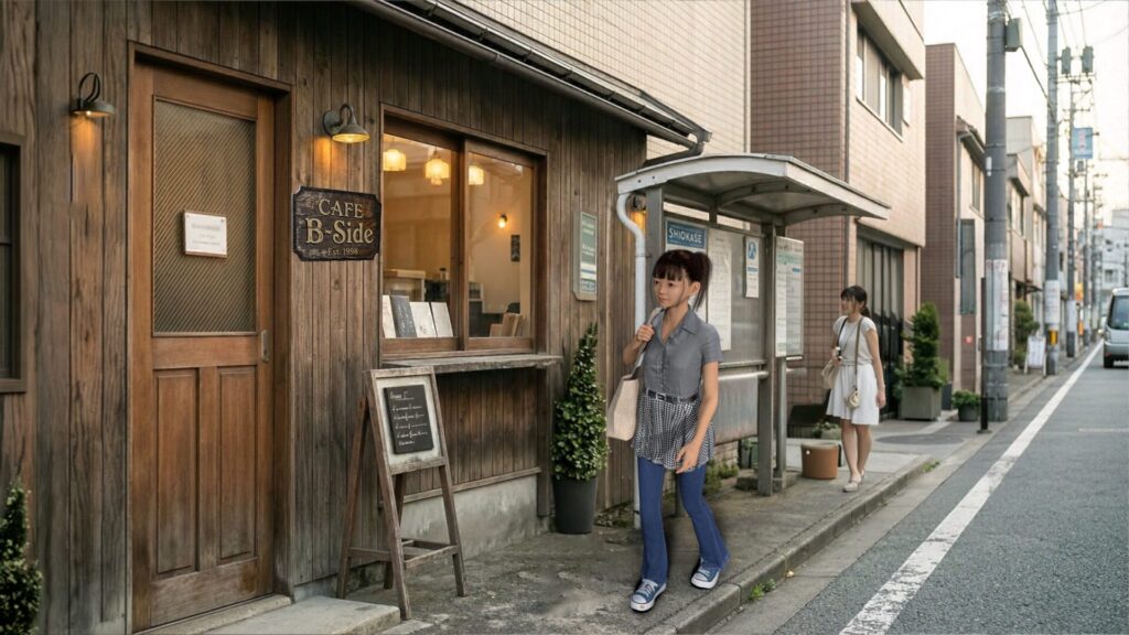 金曜日の午後、Cafe B-Sideの前を歩くShiokaze