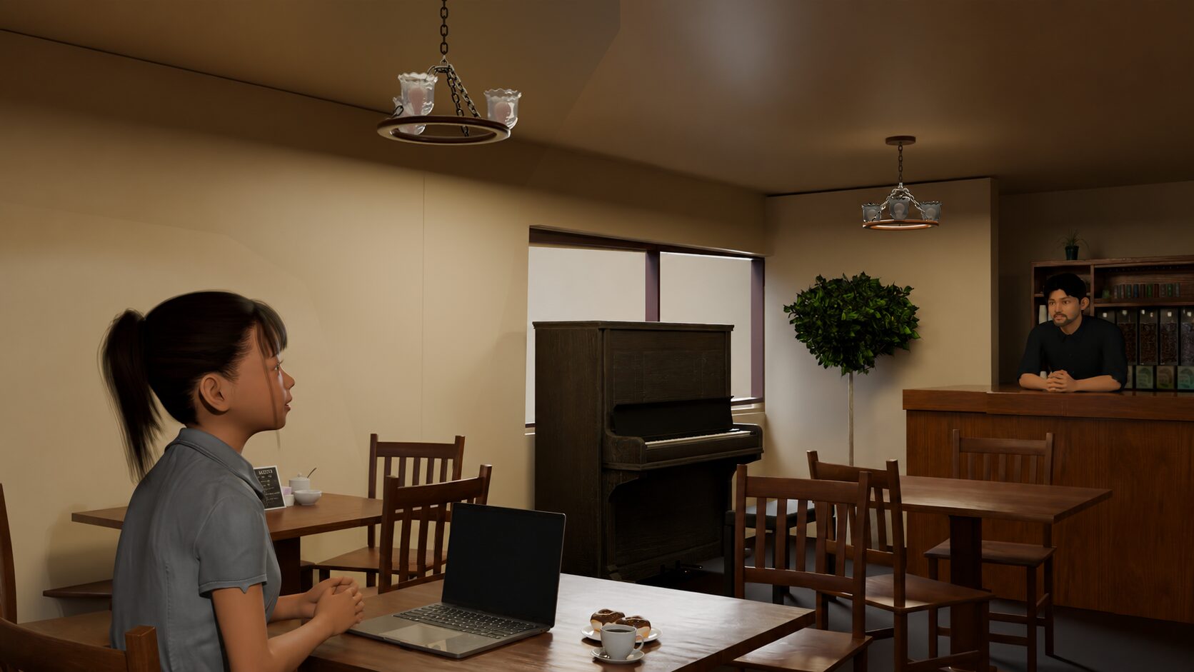 Cafe B-Sideで店主と会話するShiokaze